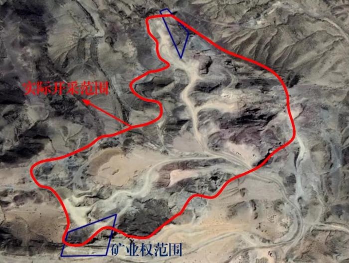 2021年5月的衛(wèi)星遙感影像顯示，白土崗子石料廠礦業(yè)權(quán)面積僅16.65畝，越界開采達(dá)207畝，超出12.4倍