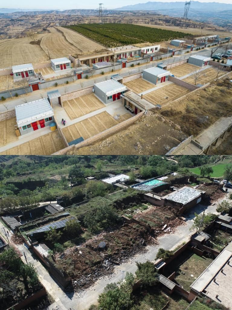 拼版照片，上圖是2022年1月山西省霍州市師莊鄉(xiāng)馮南垣村災(zāi)后恢復(fù)重建后的場(chǎng)景，下圖是2021年10月村莊因?yàn)?zāi)受損的場(chǎng)景。(霍州市委宣傳部供圖)