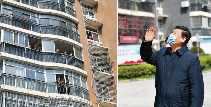 2020年3月10日，習近平專門赴湖北省武漢市考察新冠肺炎疫情防控工作。這是習近平在東湖新城社區(qū)考察時，向在家隔離居住的居民揮手致意、表示慰問（拼版照片）