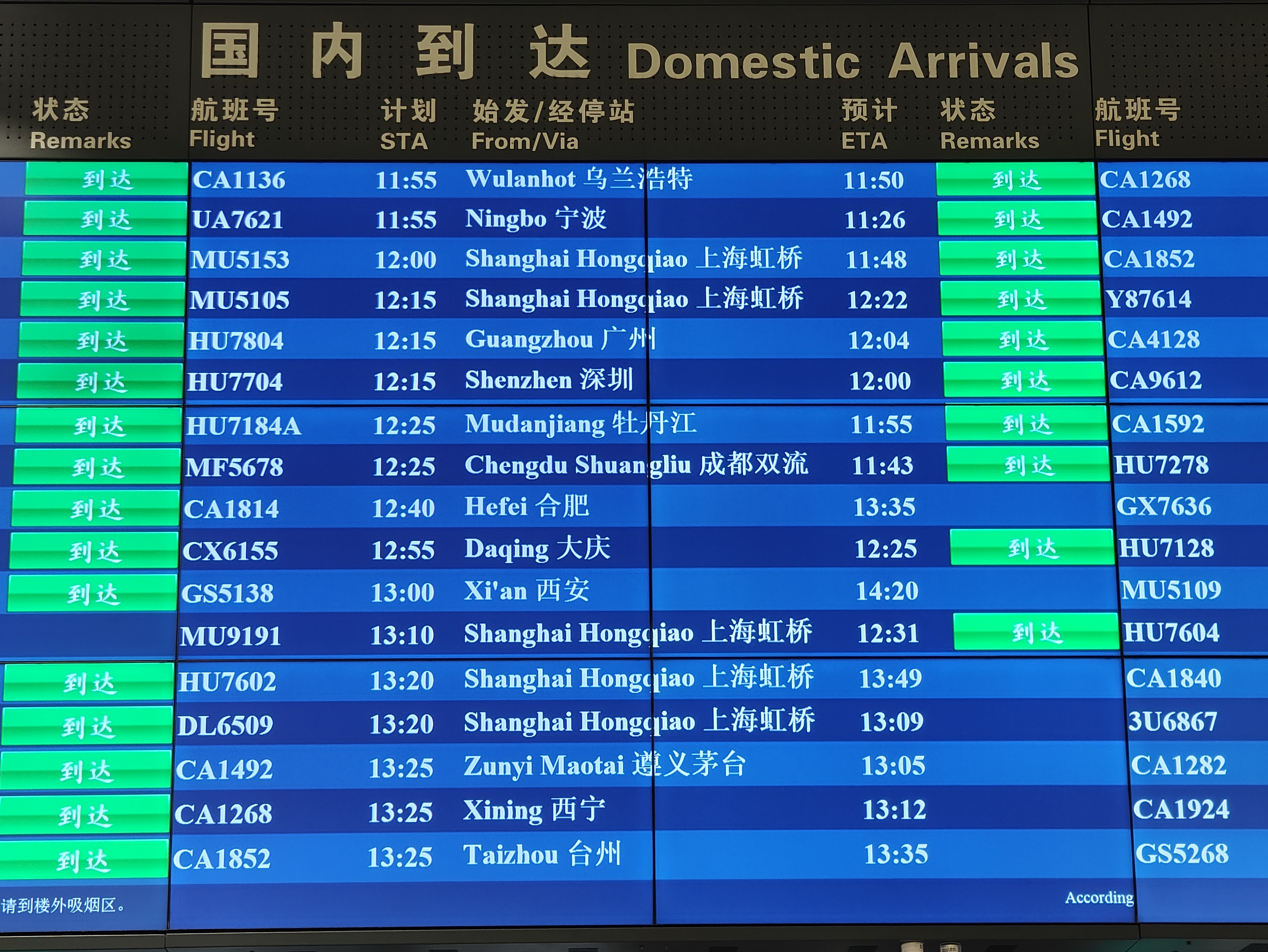 首都機(jī)場(chǎng)大屏顯示，MU9191航班于12:31順利到達(dá)。人民網(wǎng)記者 夏曉倫攝