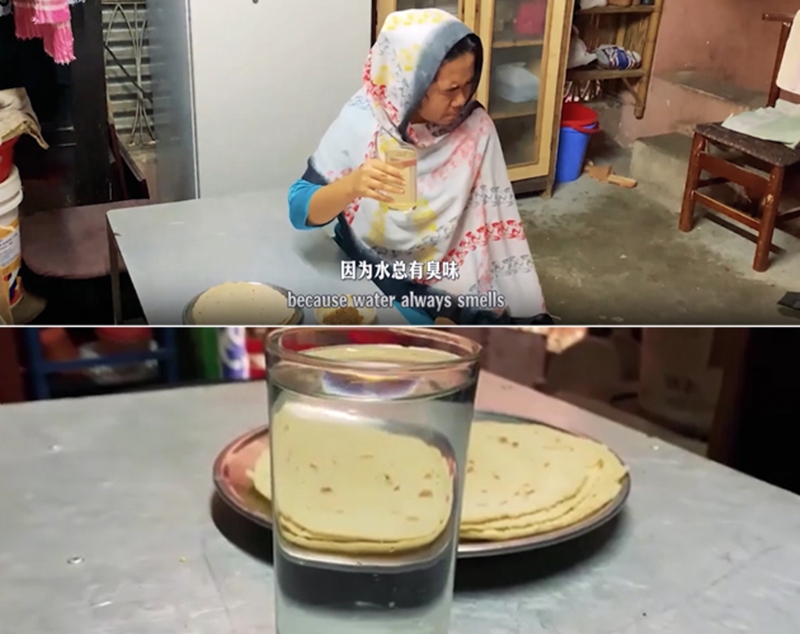 圖為紀實短片截圖：上圖為水質未改善前，飲用水發(fā)黃渾濁；下圖為水廠建成后，飲用水水質明顯改善，清澈透明。