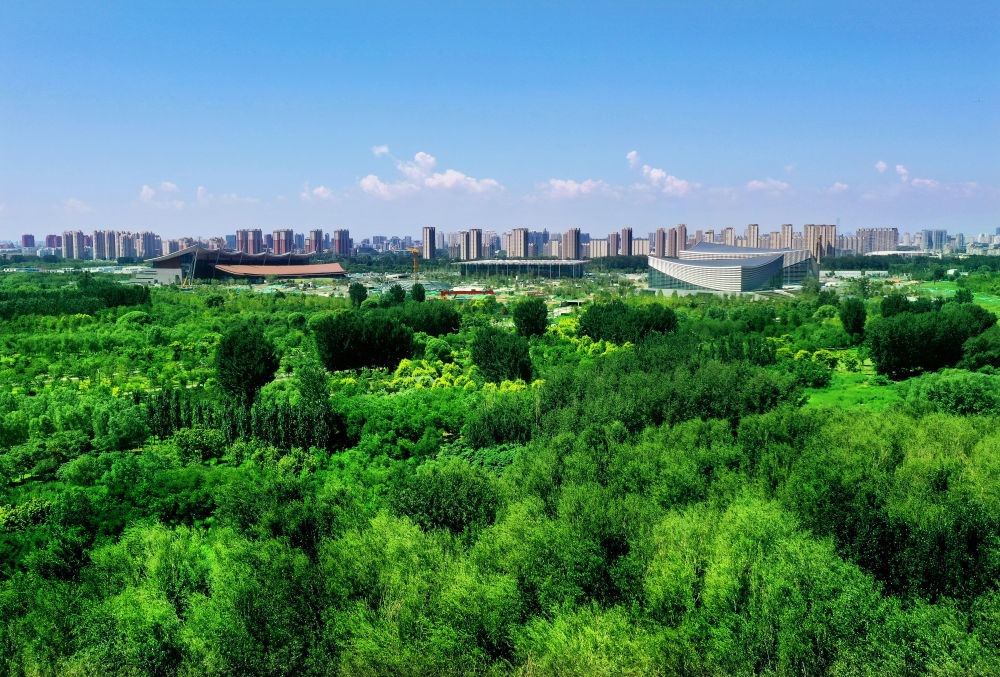 北京東方化工廠舊址建成的綠心公園草木蔥蘢。（馬文曉 攝）