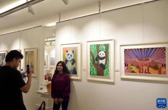 11月22日，在孟加拉國達(dá)卡，人們在“國家印象”繪畫展上參觀拍照。新華社發(fā)（薩利姆攝）