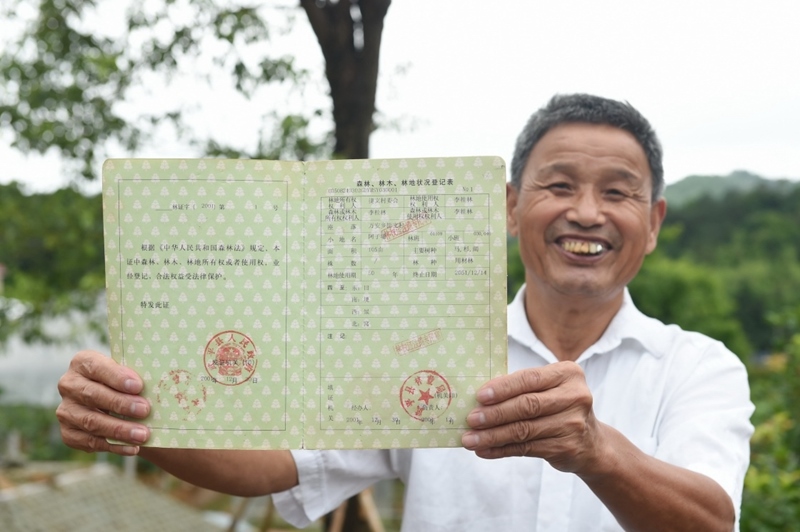 福建武平縣萬安鎮(zhèn)捷文村村民李桂林展示林權(quán)改革后領(lǐng)到的全國(guó)第一本新式林權(quán)證。