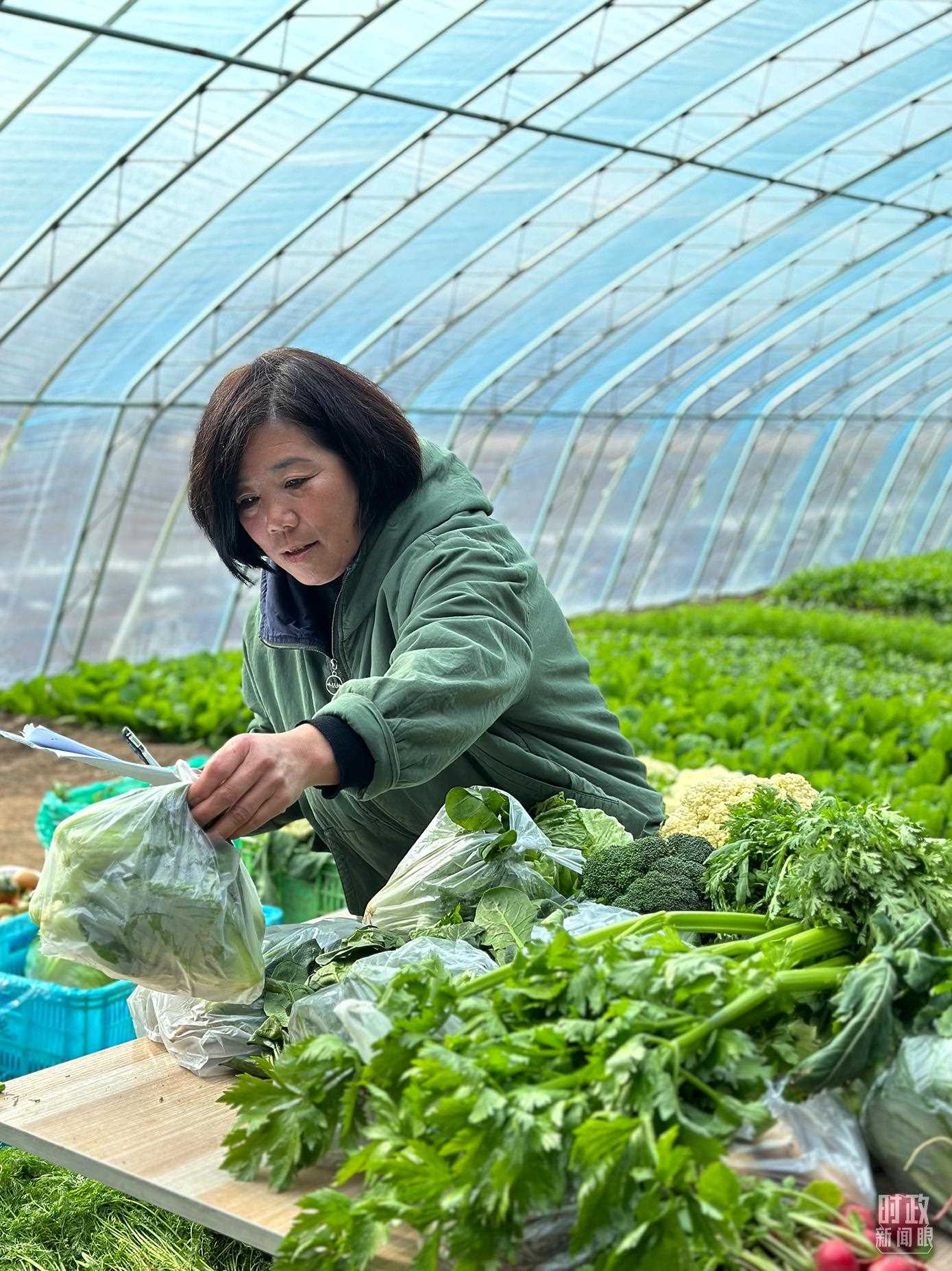 △第六埠村村民正在打包分裝蔬菜。（總臺(tái)央視記者盧心雨拍攝）