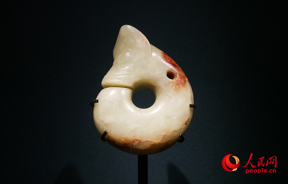 “玉潤(rùn)中華——中國(guó)玉器的萬(wàn)年史詩(shī)圖卷”特展展出的玉豬龍。人民網(wǎng)記者 韋衍行攝