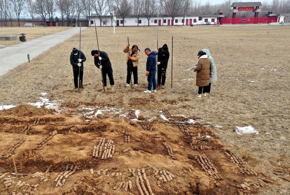 在殷墟王陵遺址，工作人員在勘探圍溝范圍（2月24日攝）。