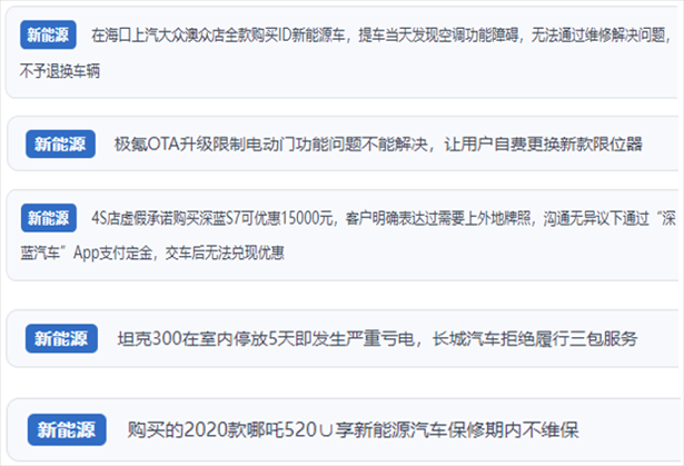 “人民投訴”用戶(hù)吐槽新能源汽車(chē)功能障礙多發(fā)、升級(jí)后配套服務(wù)跟不上、虛假優(yōu)惠、保修期內(nèi)不維保的問(wèn)題。（“人民投訴”平臺(tái)截圖）