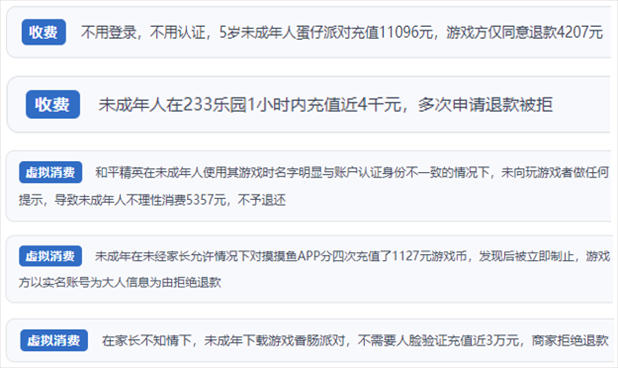 “人民投訴”用戶(hù)舉報(bào)身份認(rèn)證成擺設(shè)、大額充值無(wú)提醒、提供證據(jù)被駁回、商家設(shè)置退款障礙等未成年人網(wǎng)游消費(fèi)亂象。（“人民投訴”平臺(tái)截圖）