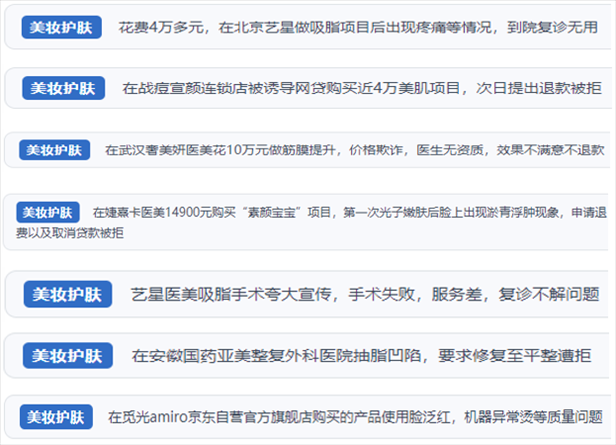 “人民投訴”用戶(hù)舉報(bào)醫(yī)美未達(dá)預(yù)期效果或?qū)е律眢w損傷退款遭拒、機(jī)構(gòu)及服務(wù)人員虛假資質(zhì)、被誘導(dǎo)高額醫(yī)美貸、網(wǎng)購(gòu)美容儀器質(zhì)量不過(guò)關(guān)等問(wèn)題。（“人民投訴”平臺(tái)截圖）