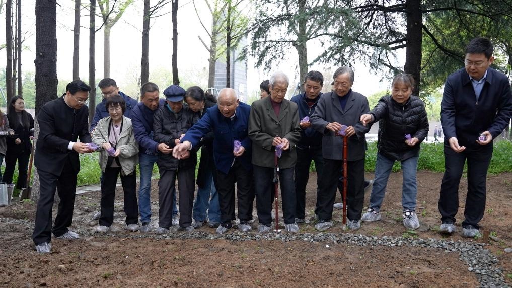 南京大屠殺幸存者代表、死難者遺屬代表等在紀(jì)念館的和平公園里，播撒下紫金草的種子。新華社記者林凱 攝