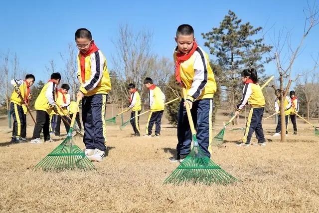 △2024年3月12日，北京城市綠心森林公園，參加植樹節(jié)主題活動的學(xué)生們學(xué)習(xí)義務(wù)植樹知識，并進(jìn)行現(xiàn)場撫育管護(hù)。
