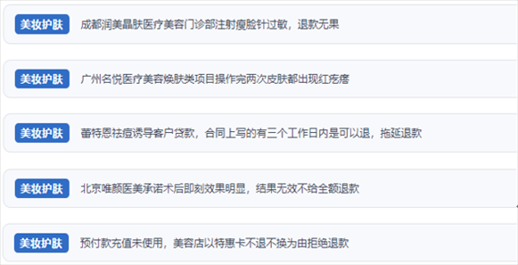 網(wǎng)友涉及醫(yī)美機(jī)構(gòu)虛假宣傳、誘導(dǎo)消費(fèi)、致傷客戶(hù)、違約不退費(fèi)等消費(fèi)侵權(quán)的相關(guān)投訴。（“人民投訴”用戶(hù)投訴截圖）