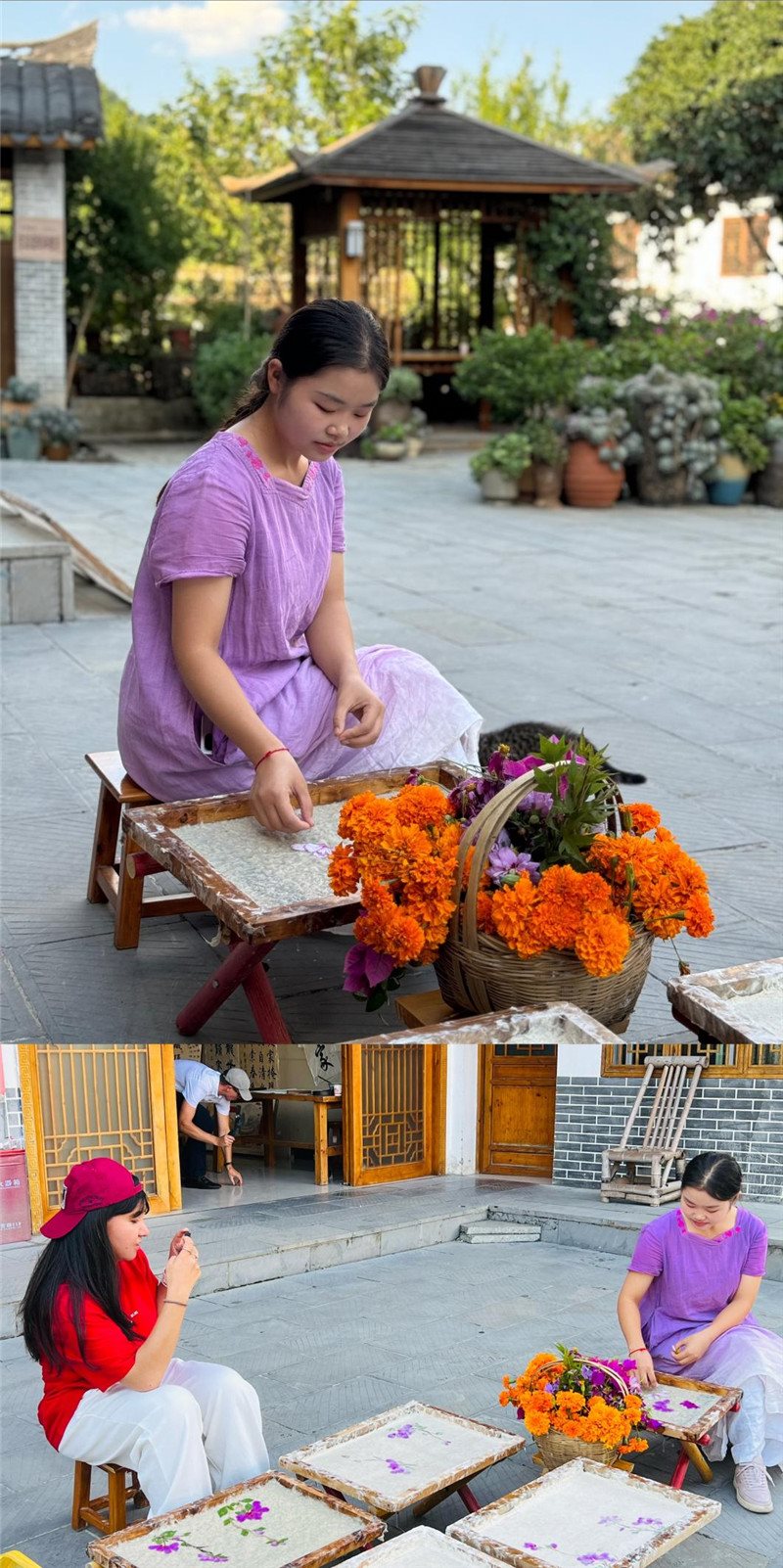 沒(méi)有女生不愛(ài)花。以古法造紙技藝為基礎(chǔ)，再輔以花草枝葉勾勒各式圖案，創(chuàng)作出花茂村獨(dú)具特色的紙漿壓花畫，少女手中的花是她眼中的風(fēng)景，而她與正在制作的紙漿壓花畫也是別人眼中的風(fēng)景。（哈薩克斯坦BAQ通訊社高級(jí)記者古爾詹·拉曼庫(kù)洛娃、張亞欣攝）
