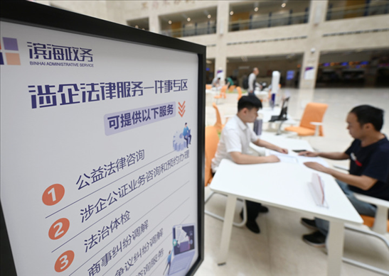 在天津濱海新區(qū)政務服務中心，工作人員在“涉企法律服務一件事”專區(qū)為市民提供服務（2024年7月31日攝）。新華社記者 趙子碩 攝