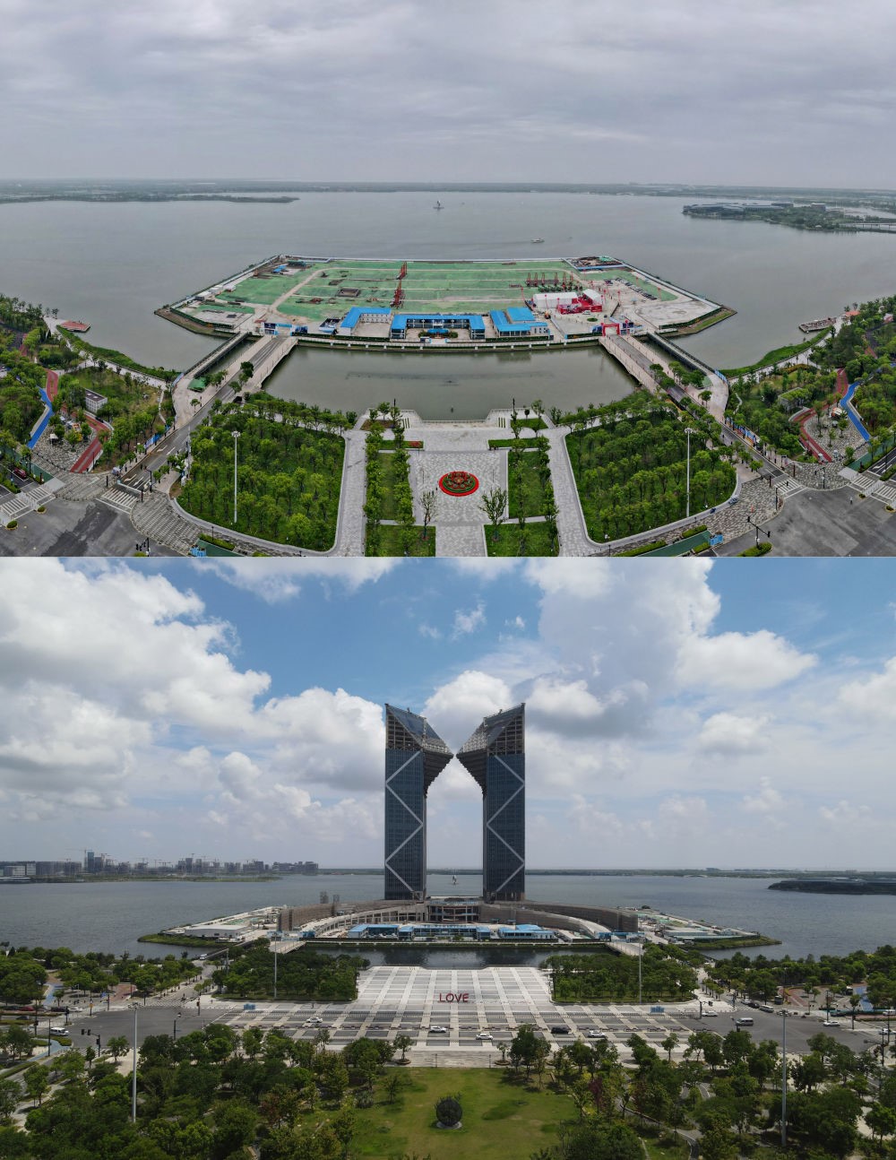 拼版照片：空中俯瞰中國(guó)（上海）自由貿(mào)易試驗(yàn)區(qū)臨港新片區(qū)滴水湖西島中銀金融中心項(xiàng)目現(xiàn)場(chǎng)（上圖為2021年6月20日攝，無(wú)人機(jī)照片；下圖為2024年8月14日攝，無(wú)人機(jī)照片）。2019年8月20日，臨港新片區(qū)揭牌成立，一個(gè)開放新高地在長(zhǎng)江與東海交匯處日益崛起。