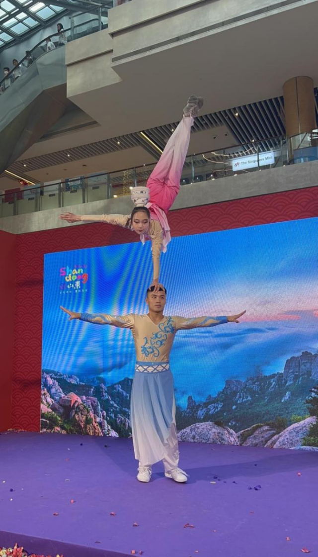 來自中國和新加坡的藝術(shù)團(tuán)體聯(lián)袂表演了歌舞、器樂、武術(shù)、雜技等多種形式的文藝節(jié)目?；顒又鬓k方供圖